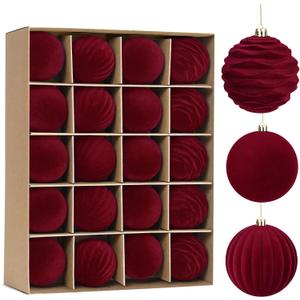 Waipfaru 20Pcs Velvet Ornaments for Christmas Tree, 2.36 Inch Burgundy Red Velvet Christmas Ornaments Balls Set, Shatterproof Flocked Hanging Ornament for Xmas Tree Wreath Garland Home Decor