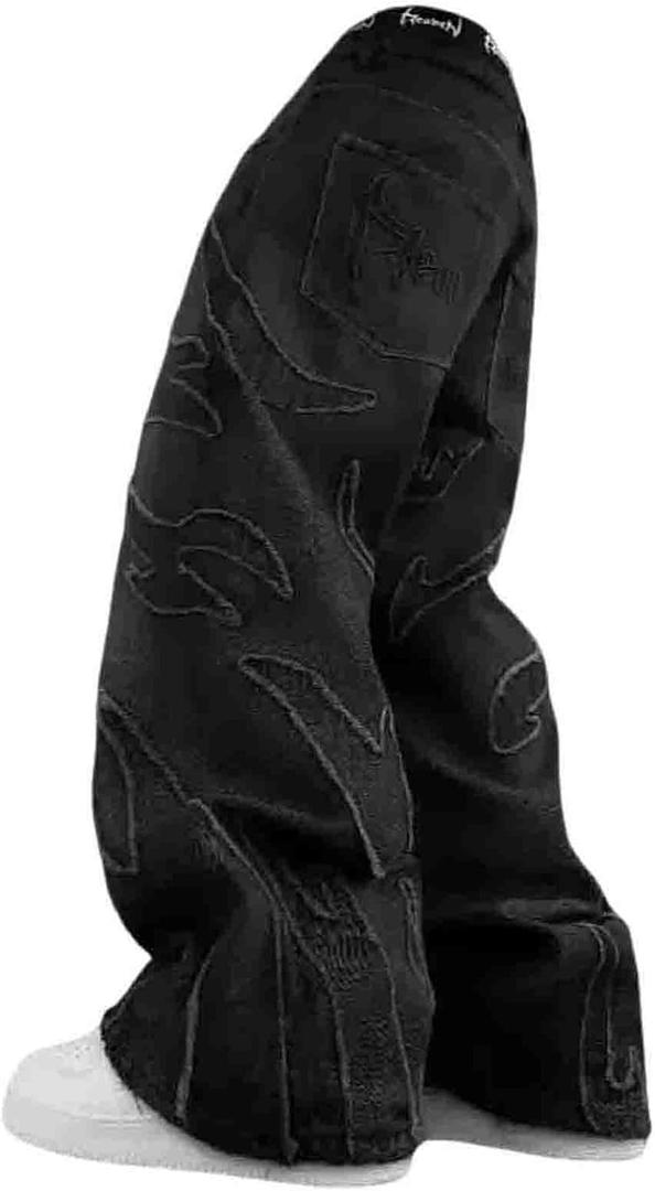Y2K Jeans Men's Hip-hop Retro Flame Splicing Wide Leg Women's Gothic Straight Tube Loose Jeans (Black), S