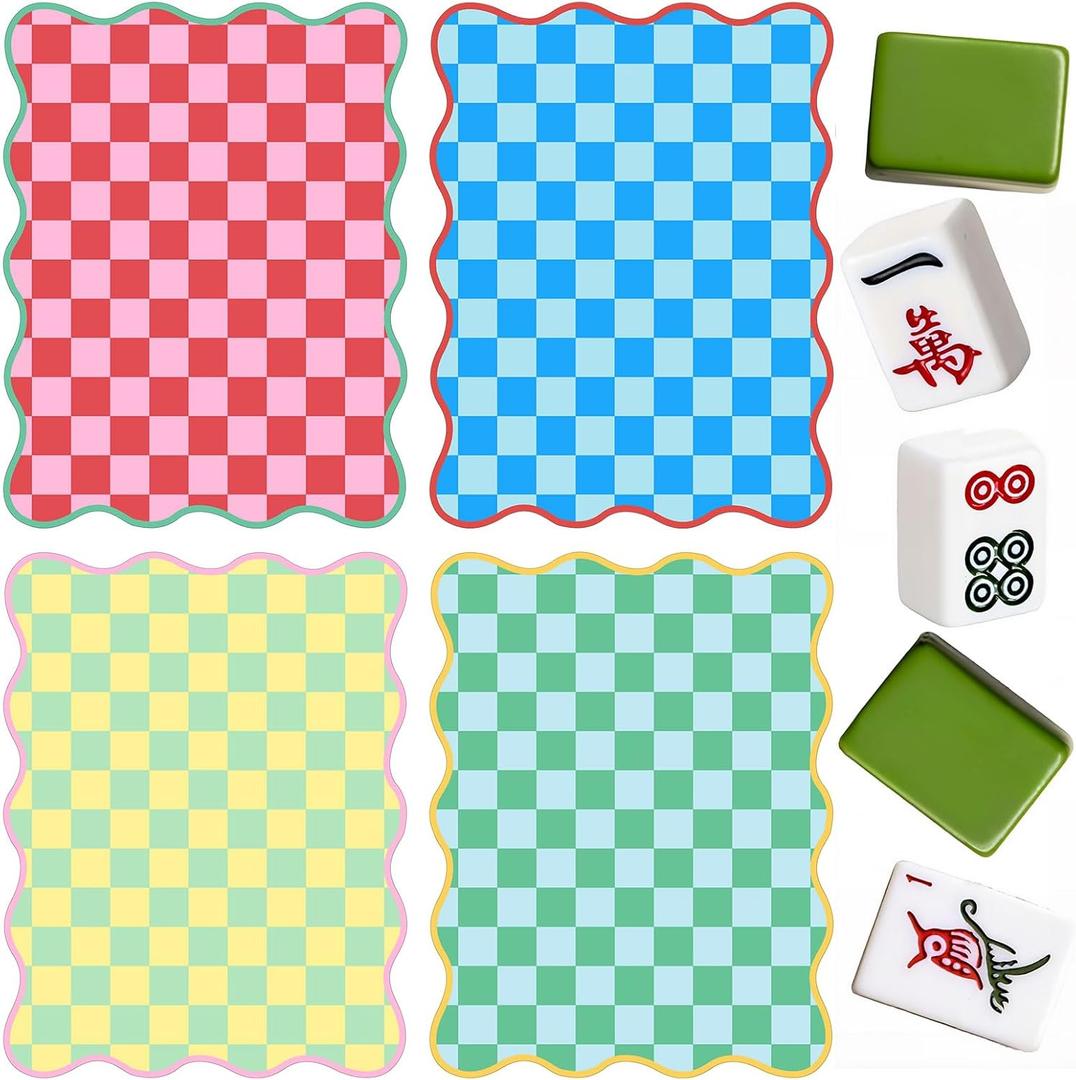 Soulchen 4 Pcs 2026 Mahjong Shuffler Cards Thick PVC Tile Mixers with Wavy Scalloped Edges Fun Game Accessories for Mixing Tiles Funny Mahjong Gifts for Lovers Playing Game(Colorful Checkered)