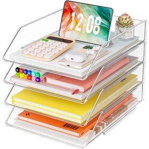 YKLSLH Simple 4 Tier Paper Organizer Letter Tray - Acrylic Stackable Desk File Organizer, Clear Paper Sorter Office Organizer for Letter/A4, Office File Ipad Books Notes Etc