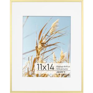 11x14 Picture Frame, Aluminum 11x14 Frame Matted to 8x10, 11x14 Photo Frame with High Definition Plexiglass, Metal 11x14 Frame for Wall or Tabletop Display, Wall Hook Included (Gold, Pack of 1)