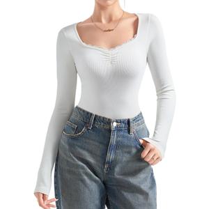 SUUKSESS Women Sweetheart V Neck Long Sleeve Tops Lace Trim Ribbed Modal Fall Going Out Shirts (Medium, White)