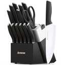 Astercook Knife Set, Kitchen Knives with Block and Sharpener 15 Pcs German Stainless Steel Knives Sharp Blade Dishwasher Safe Deba Knives with Ergonomic Handle, Elegant Black