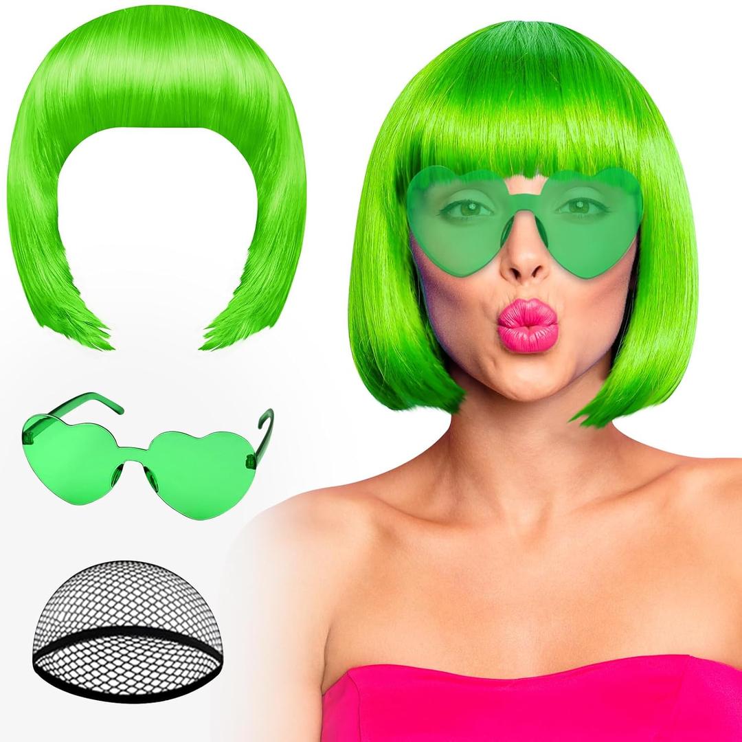 PLULON Green Bob Wig and Sunglass Set, Neon Funny Short Bob Wig Sunglass Pack Colorful Hairpieces Fancy Dress Cosplay Costume Accessories for Women Bachelorette Party Favors, Halloween Decorations