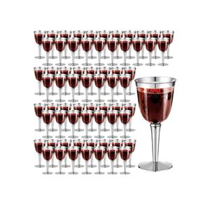 100 Pack Rimmed Disposable Plastic Wine Glasses Bulk 8 Oz Elegant Fancy Wine Cups Stemmed Wine Glasses Clear Cocktail Cups with Long Stem for Party Wedding Anniversary Birthday (Silver)