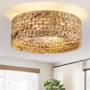 Rattan Ceiling Fans with Light and Remote, Boho Fandelier Ceiling Fan with Light Flush Mount Woven Farmhouse Caged Ceiling Fan for Bedroom Living Room Kitchen(Enclosed 6 Speeds)