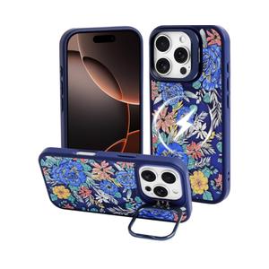 J.west Magnetic for iPhone 16 Case 6.1" Compatible with Magsafe, Translucent Camera Lens Kickstand Drop Protection Cute Floral Flowers Phone Cover Cases Navy Blue Pack of 2