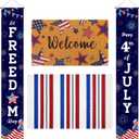 Hahafelt 3 Pcs 4th of July Door Mat and Door Banner Set Welcome Red White and Blue Striped Rug Independence Day Banners Patriotic Decorations for 250 Anniversary Home Holiday Decoration