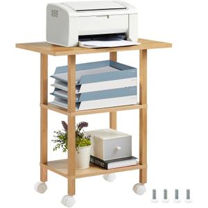 Lerliuo 3 Tier Printer Stand with Storage, Printer Table for Home Office, Wooden Rolling Printer Cart Shelf with Lockable Wheels fit Fax Machine, Scanner(Natural)