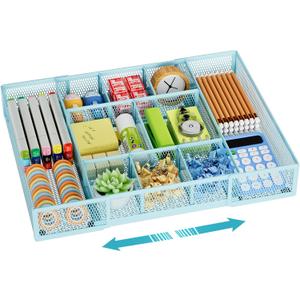 Marbrasse Expandable Desk Drawer Organizer, Mesh Drawer Organizer Tray with 10 Adjustable Compartments, Desk Organizers and Accessories for Office Supplies, Makeup & Vanity (Expandable-Blue)