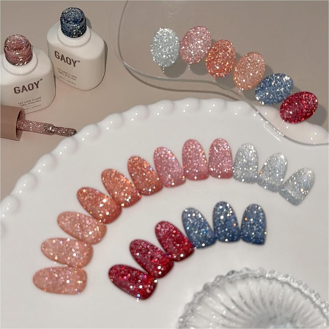 GAOY Reflective Glitter Gel Nail Polish Set, 6 Colors Red Pink Silver Holographic Sparkle Gel Kit, Soak Off UV Light Cure for Salon and Nail Art DIY at Home, Radiant Opulence