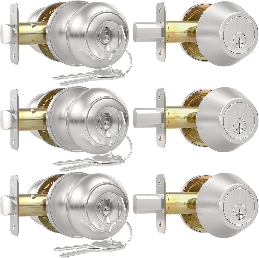 AEEKEL Exterior Door Knob with Lock and Key, 3 Pack Keyed Alike Entry Door Knob for Front Door Lock Set, Brushed Nickel Exterior Door Knob and Single Cylinder Deadbolt Set