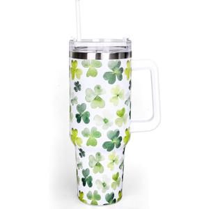 Whaline 40oz St. Patrick's Day Tumbler with Handle Straw and Lid Watercolor Shamrock Travel Tumbler Irish Clover Coffee Cup for Holiday Birthday Party Favors