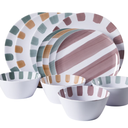 Gibson Home Cottage Stripes 12 Piece Unbreakable Melamine Plates and Bowls Dinnerware Set - Outdoor, Camping, & Everyday Use - Assorted Colors