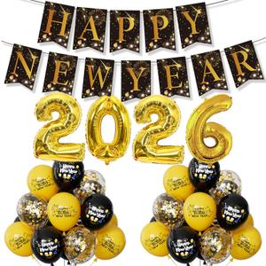 Happy New Year Decorations 2026 - New Years Eve Party Supplies Kit with Banner, Number 2026 Foil Balloons, Gold Black Printed Balloons Gitter Confetti Latex Balloon, Photo Props Indoor Outdoor