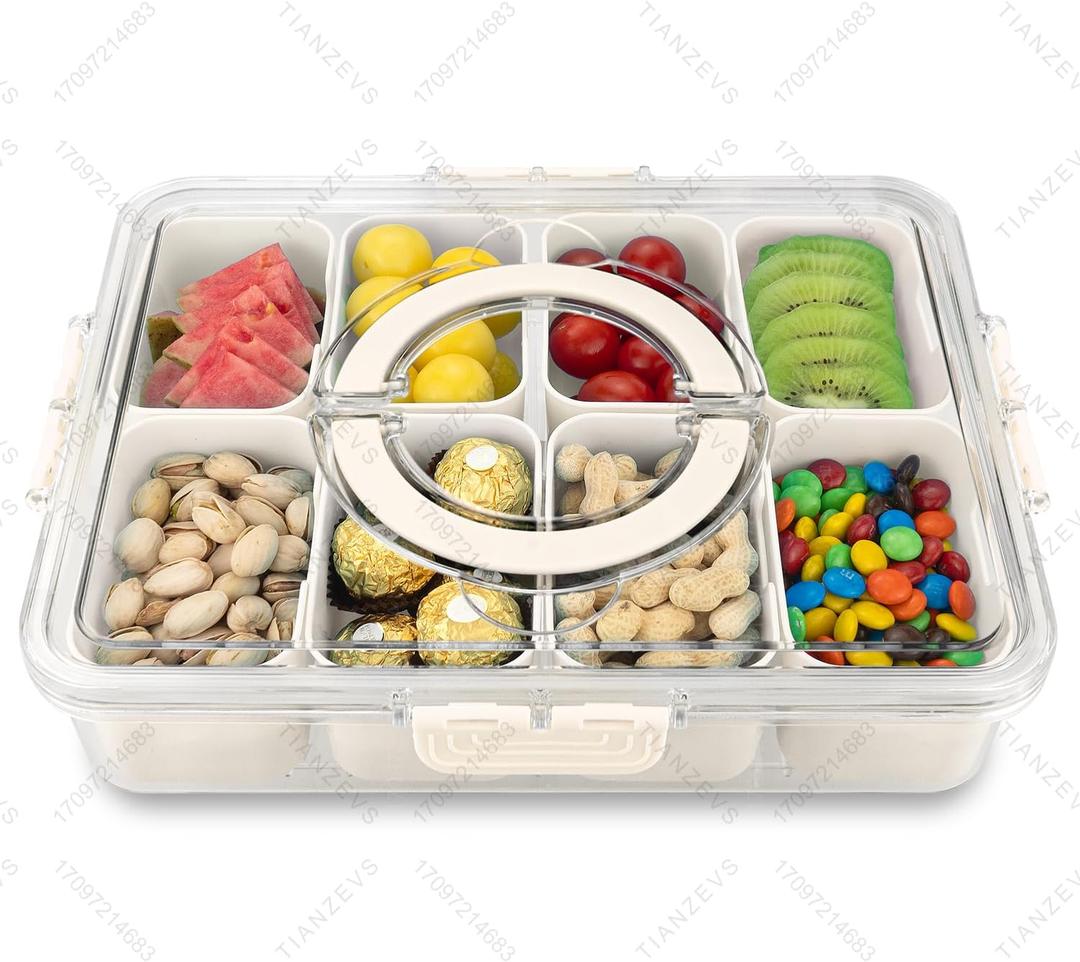 Divided Serving Tray with Lid and Handle,8 Compartments Snacks Box,Snack Fruit and Veggie Tray,Portable Platter for Candy Fruits Nuts Snack Party Entertaining Picnic (1 PCS)