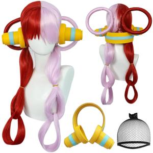 ANOGOL Hair Cap+(1 Headphone) Ponytail Wig With Headphone Cosplay Wigs for Women Light Pink Purple and Red Long Wig Synthetic Wigs for Anime Wig for Halloween Party Costume Anime Outfit