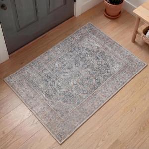 Kuden 2x3 Small Rug, Machine Washable, Non-Slip Backing, Vintage Style, Soft, Low Pile, Area Rugs for Entryway Kitchen Indoor Entrance (Blue / Beige)