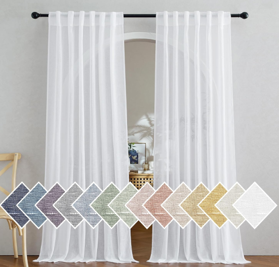 NICETOWN Semi Sheer White Curtains 84 inches Long, Rod Pocket & Back Tab Open Linen Blend Vertical Window Drapes Privacy with Light Filter for Living Room/Farmhouse, W52 x L84, 2 Panels