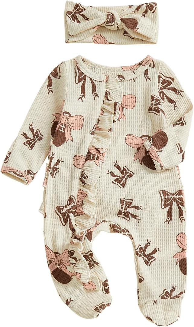 Newborn Baby Romper Infant Girl One-piece Outfit Waffle Ruffle Zip Footie Spring Summer Clothes With Bow Headband (0-3 Months, Brown Football)
