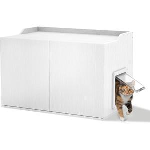Cat Litter Box Enclosure Furniture with Cat Door, Extra Large Hidden Litter Box Cabinet for XL Boxes, 31.5" L x 19.8" W x 21.1" H, Wooden Cat Box Furniture Odor Control, White