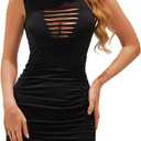 DressQueen Women 2025 Sexy Summer Bodycon Ruched Party Club Mini Dress Sleeveless Cutout Tight Date Night Tank Short Dresses, Size M