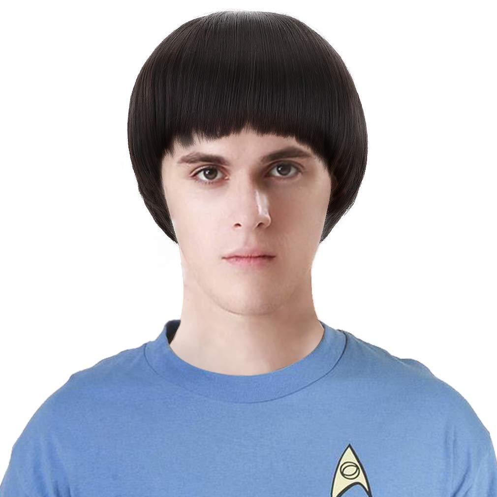 PARTY ZONE Short Black Luffy Cosplay Wig-80s Outfit For Men Synthetic Bowl Cut Mushroom Hair Anime Wigs Old Man Movie Party Halloween Vector Costume Wig (Black)