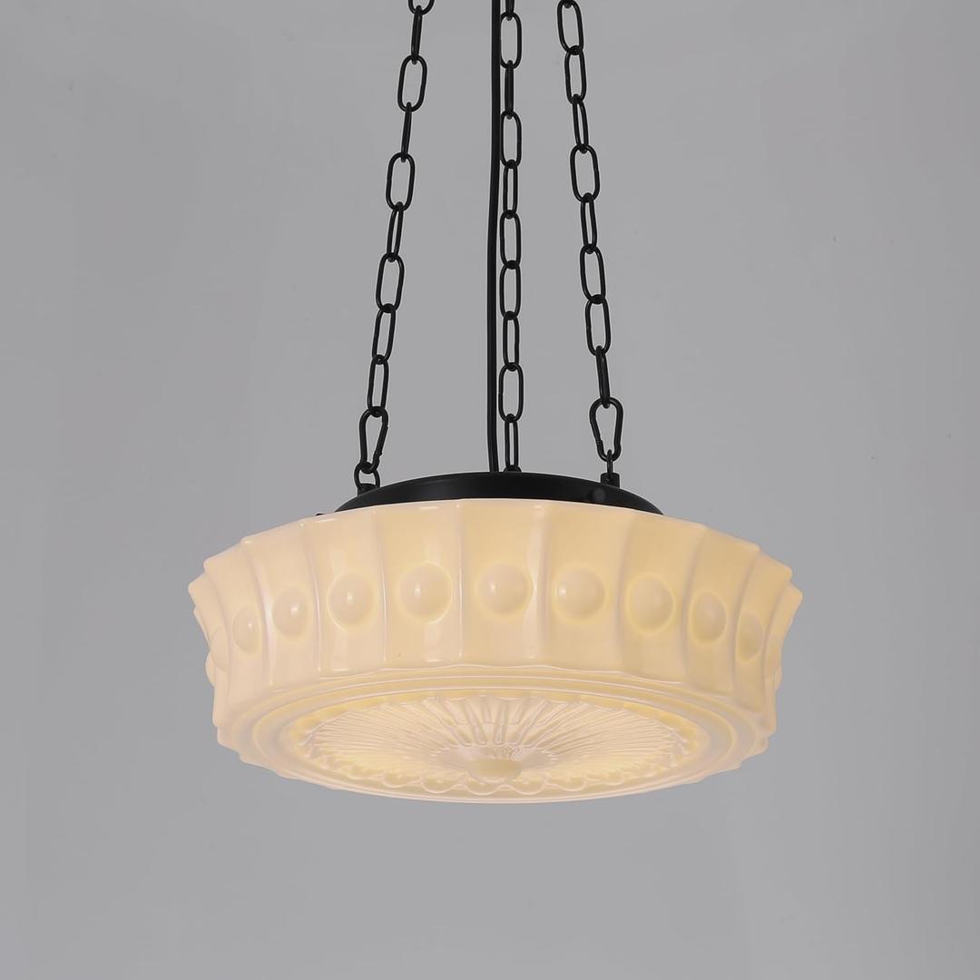 Milk Glass Pendant Light, 14" Mid Century Modern Schoolhouse Hanging Ceiling Light Fixture, Vintage Chandelier for Bedroom, Dining Room,Hallway,Kitchen Island, 4*G9 Dimmable Bulbs Included, White