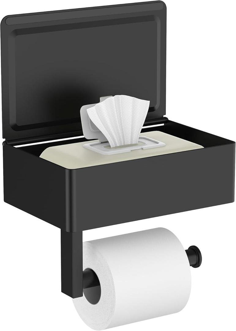 FORIOUS Toilet Paper Holder with Shelf, Sanitary Napkin Receptacle Tampon Holder, Wall Mount Toilet Paper Holder with Storage, Flushable Wipes Dispenser Fits for Bathroom Commercial(1, Matte Black)