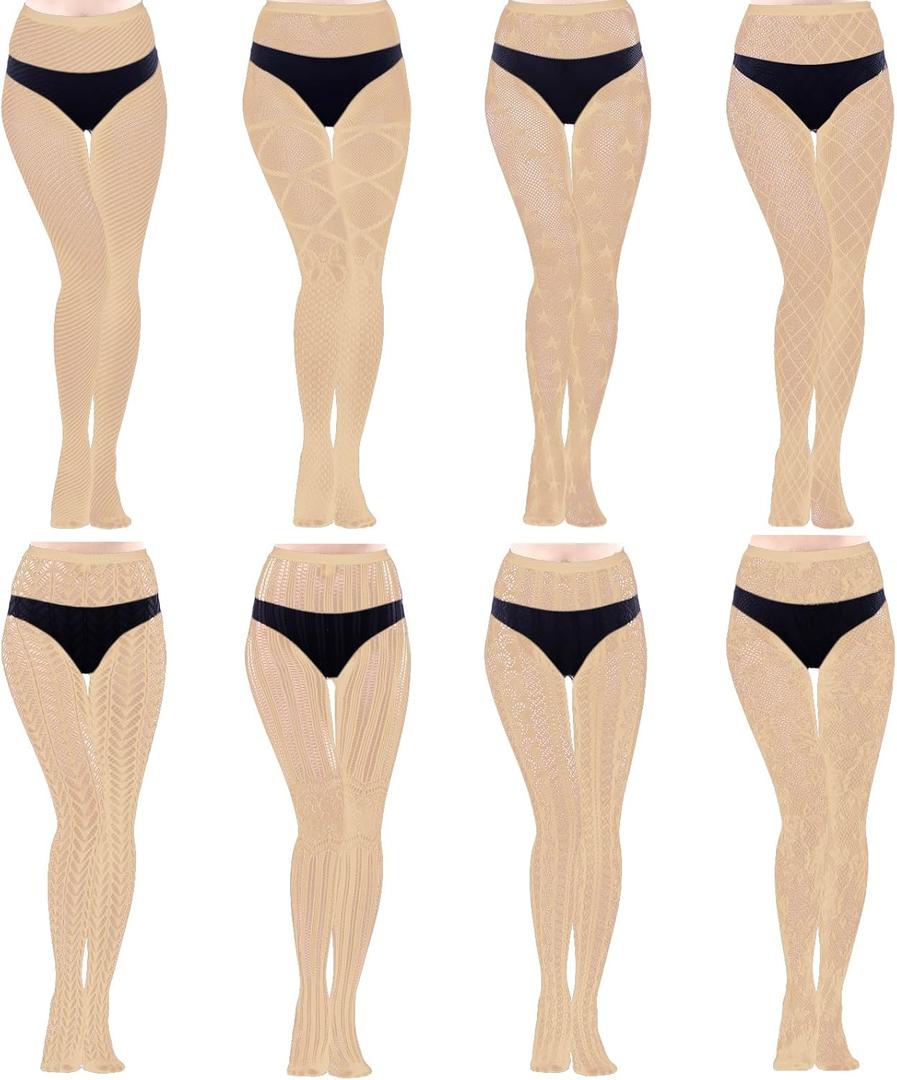 HOVEOX 8 Pairs Lace Fishnet Floral Stockings Patterned Tights Small Hole Pattern Leggings Net Pantyhose (One Size, Nude)