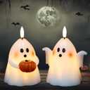 DRomance Halloween Ghost Flameless Candles with Timer Real Wax Battery Operated White LED Flickering Pillar Candles Hand Painted Looking Dinner Spooky Halloween Decor(2 Pack, 3.5" D x 5" H)