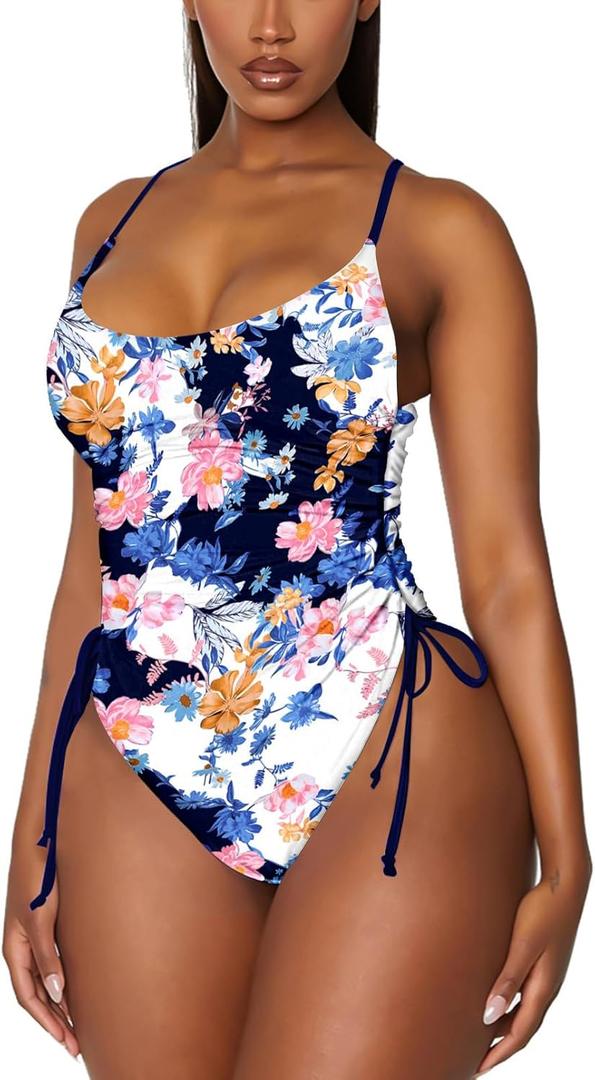 Viottiset Women's Ruched High Cut One Piece Swimsuit Tummy Control Bathing Suit Monokini (3X-Large, Blue Printed Pattern)
