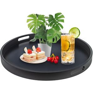 Large Round Black Tray, 20" Extra Large Black Ottoman Tray, Wood Serving Trays, Decorative Trays with Handles for Home Kitchen