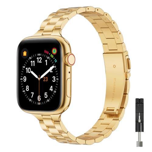 OMIU Thin Band Compatible with Apple Watch 40mm 38mm 41mm 42mm 44mm 45mm 49mm, Premium Stainless Steel Metal Replacement Adjustable Wristband Strap for iWatch Ultra SE Series 9/8/7/6/5/4/3/2/1 Women