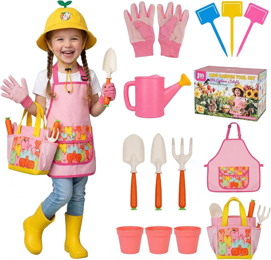 Kids Gardening Outdoor Tools Set with Adorable Sun Protective Hat & Bunny Apron, Carrot-Shaped Shovel Rake Trowel, Garden Kit for Toddlers Ages 3-8, Spring Birthday Gift