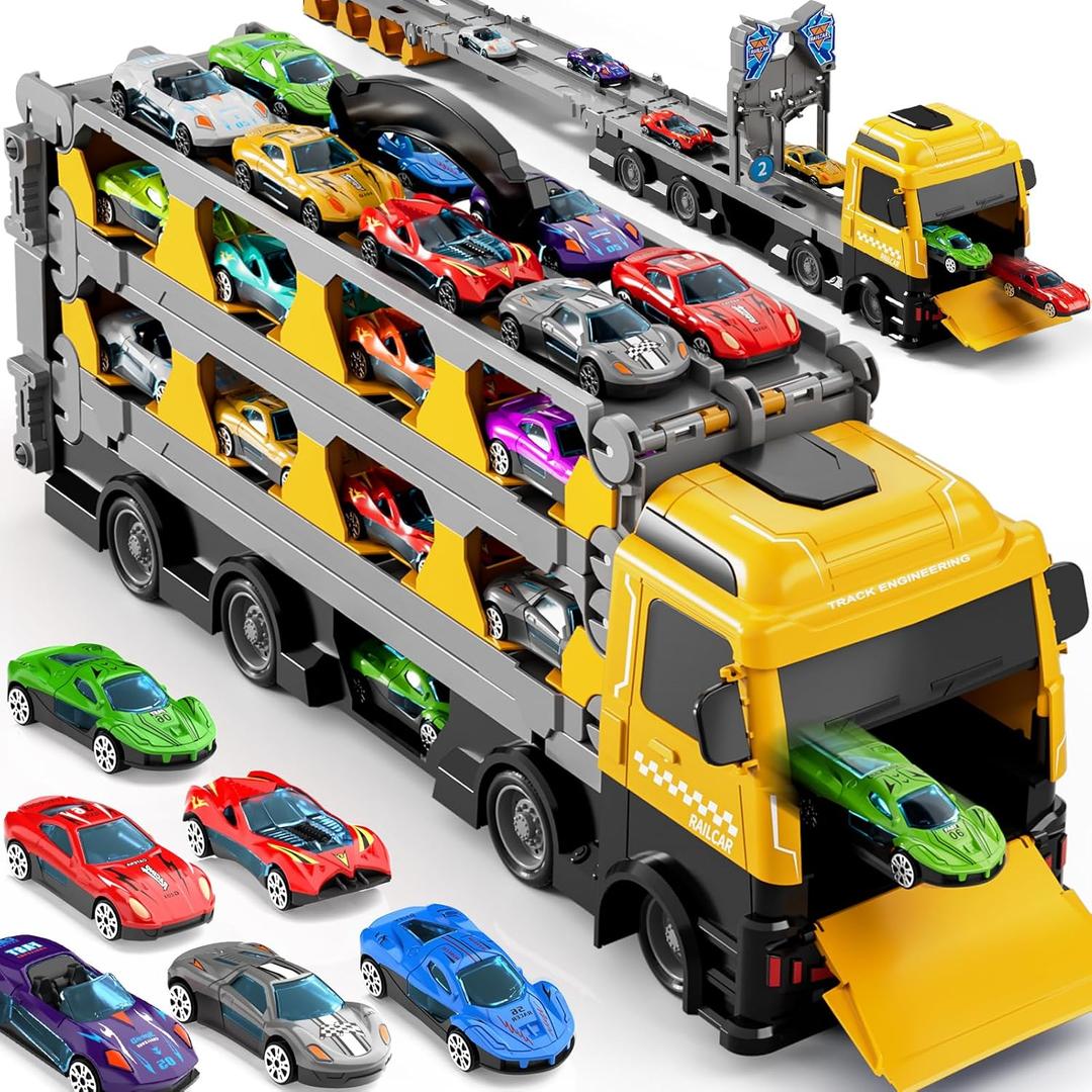 78-Inch Cars Trucks Toys for Toddler 1-3 2-4 3-5 4-7 Years Old Boys Kids, Transport Truck Toy with 24 Pcs Die-Cast Cars, Toys Gifts for 3 4 5 6 Year Old Boy, Toddler Boy Toy Ages 3-5 4-7