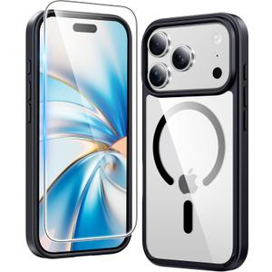 FNTCASE for iPhone 17 Pro Case: Clear Magnetic Phone Cases with Screen Protector Compatible with Magsafe Slim Anti Yellowing Rugged Shockproof Protective Transparent Cell Phone Cover (B-Black)