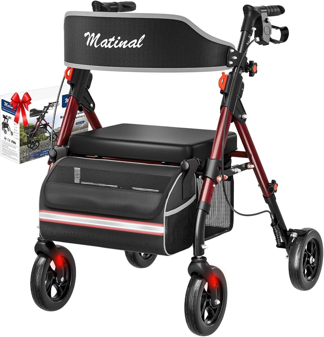 MatinalWalkers for Seniors, Rollator Walker with Seat, Walkers for Seniors with seat, 350 lb Capacity, with 8'' Big Wheels, Rolling Walker (Burgundy) (Red)