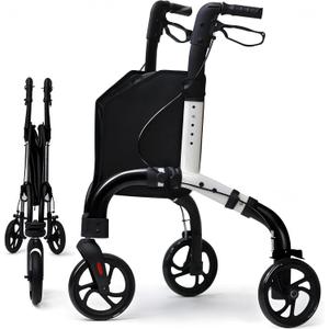 Premium 3 Wheel Rollator Walker for Seniors, Lightweight Foldable Three Wheeled Rolling Walker with Storage Bag, Aluminum Mobility Aid (Gray&white)