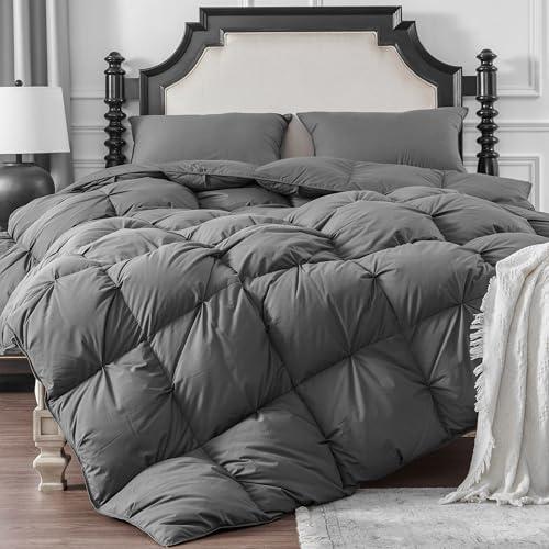 KAKABELL Pinch Pleat Goose Down Feathers Fiber Comforter Twin Size All Season-Ultra Soft and Cozy Noiseless Duvet Insert with Egyptian Cotton Blend Cover,Fluffy Warm Comforter Insert(Grey,68"X90")