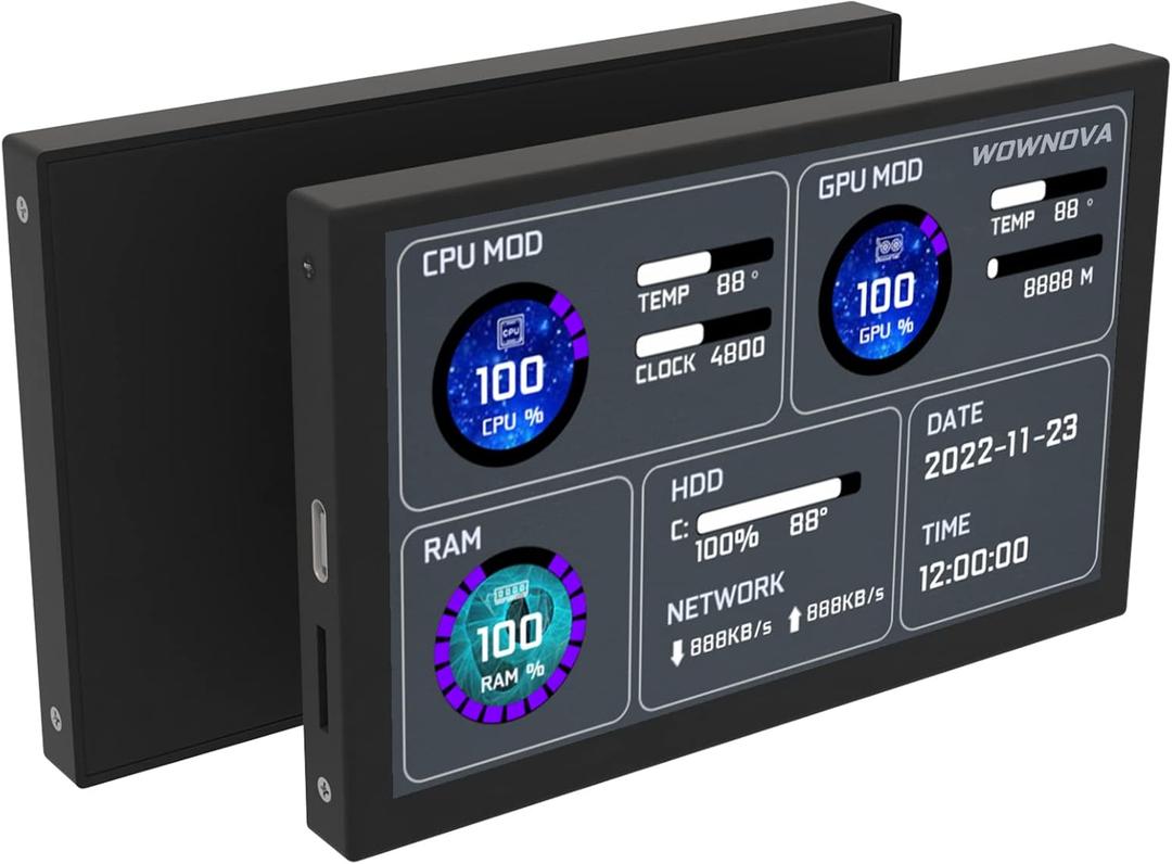 WOWNOVA 5" Computer Temp Monitor, Dynamic Theme Supported, ARGB PC Case Sensor Panel, IPS Type-C USB Mini Secondary Screen, CPU RAM HDD Data Monitor (Black)