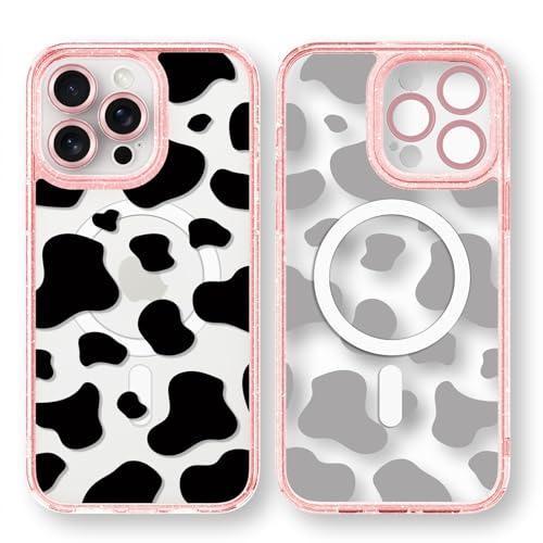 casevivid Magnetic for iPhone 15 Pro Magsafe Case Cute Aesthetic - Glitter Pink Phone Case with Camera Protector - Girly Milk Cow Pattern Print Cover Design for Woman Girl 6.1"