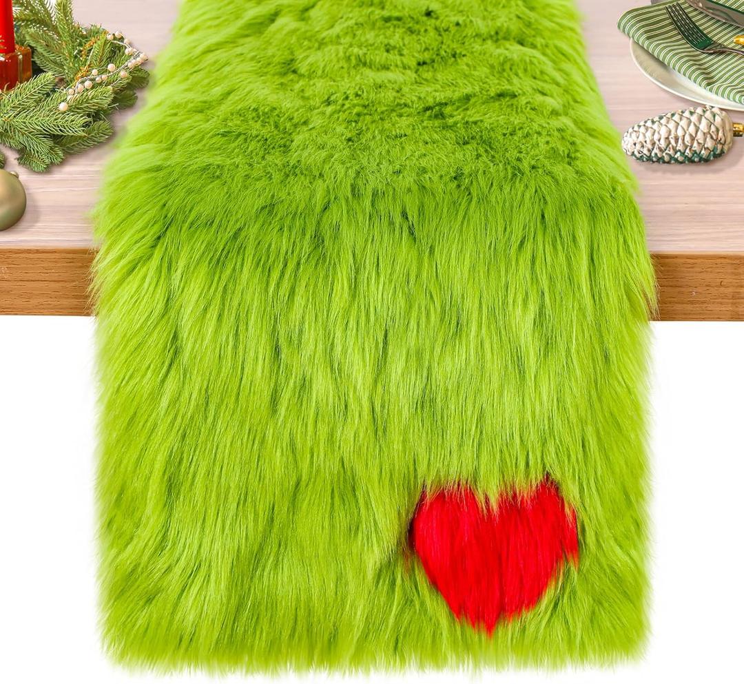 Christmas Green Faux Fur Table Runner Whimsical Lime Green Christmas Table Runner 13'' x 72'' Holiday Party Kitchen Fireplace Dining Room Home Decoration(1 Pcs)