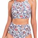 Herseas Women's Bikini Sets High Neck Tropical Leaf Print High Waisted Two Pieces Swimsuits Bathing Suits (Medium, Red Floral)