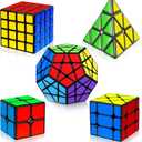 5 Pack Magic Speed Cube Set - 2x2, 3x3, 4x4, Triangle Megaminx Speed Cubes for Kids & Adults