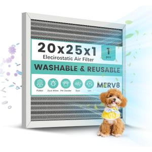 20x25x1 Electrostatic Air Filter Washable Reusable, HVAC AC Furnace Filter, MERV 8, Lasts a Lifetime, Air Conditioner Filter Replacement for Home Office (Actual Size:19.75x24.65x0.82 Inch)