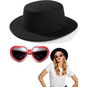 Black Fedora Hats Red Heart Sunglasses Costume for Women and Men, Fashion Flat Wide Brim Round Hats