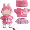 17cm Doll Clothes Set 3pcs, Hat & Overalls Set for 17cm Doll Accessories Suit, Sweater Skirt Cute Clothes Outfit for Dress up Unique Style (Pink3pcs+Shoes+Camera)