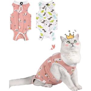 2 Pack Cat Spay Recovery Suit Female, Breathable Cat Onesie for Cats After Surgery Female, Kitten Surgery Recovery Suit for Abdominal Wounds (Large, Alpaca + Dinosaur)