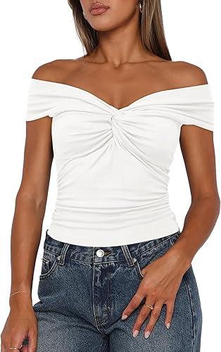 Darong Women Summer Twist Knot Front Off The Shoulder Tank Tops Cap Sleeve Going Out Shirts Slim Fitted Y2K Outfits, Small, White